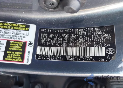 2014 Toyota Corolla S Plus из США, поврежденный, VIN 2T1BURHE7EC203661